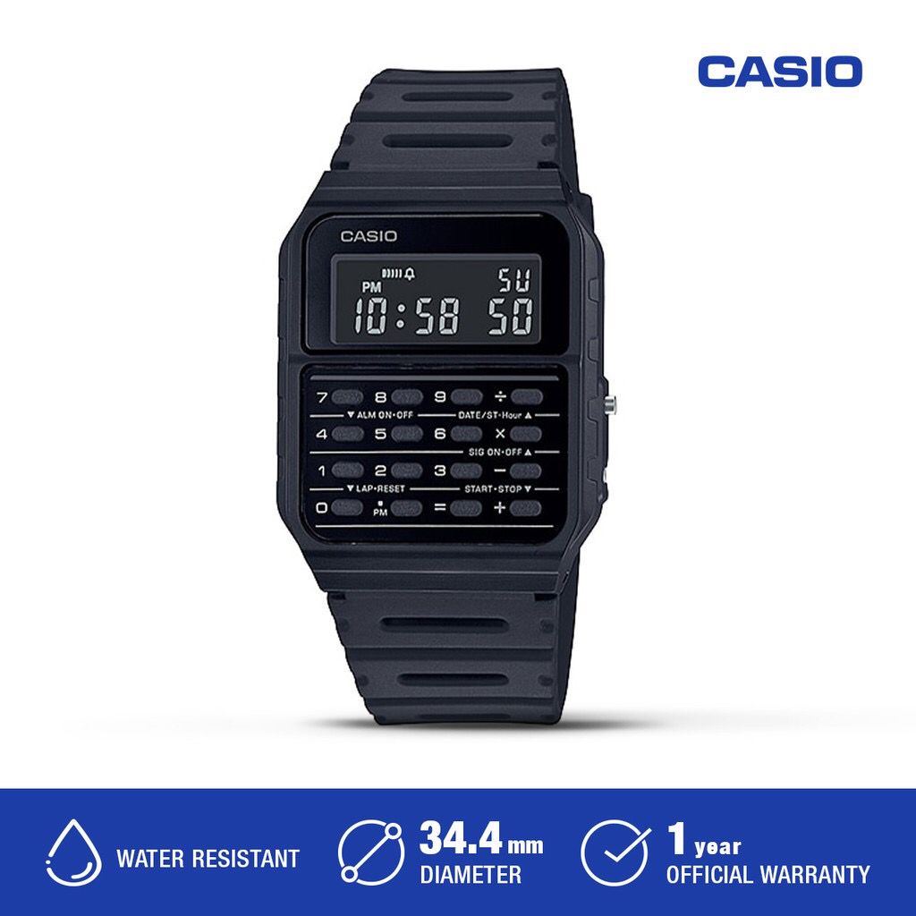 JAM TANGAN CASIO CA-53W-1Z ORIGINAL - DATABANK CA53W KALKULATOR HITAM/ JAM TANGAN CASIO KALKULATOR TYPE CA 53WF/ JAM TANGAN Casio CA-53WF-1B Full Hitam Original /Jam Tangan Pria Wanita Kalkulator / CA 53 WF 53WF 1B Black Ori/ Casio Original CA-53WF-1B 2B