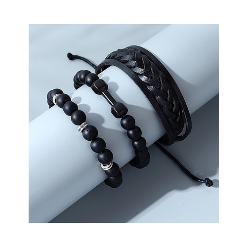 LRC Gelang Tangan Set Fashion Black Leather Braided Beaded Y65209