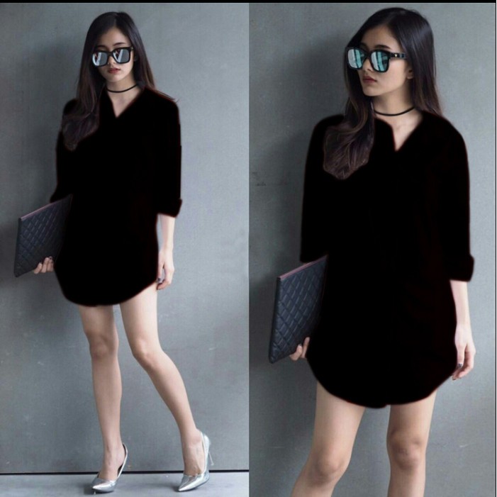 Hem Obin Wanita Murah Kemeja Atasan Cewek Cantik Hem Panjang Polo FI580 [Shinta Pj Black Ro] Kemeja