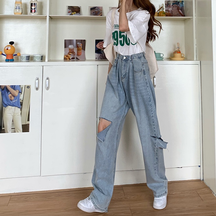 Celana Jeans Wanita Sobek Korean Style Celana Panjang boyfriend Kekinian Jumbo Highwaist Denim Pants