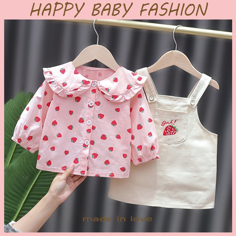 【Happy Baby】0-4Tahun QZ-12 Dress Anak Perempuan Motif Strawberry Lengan Panjang Bertali Fashion Anak