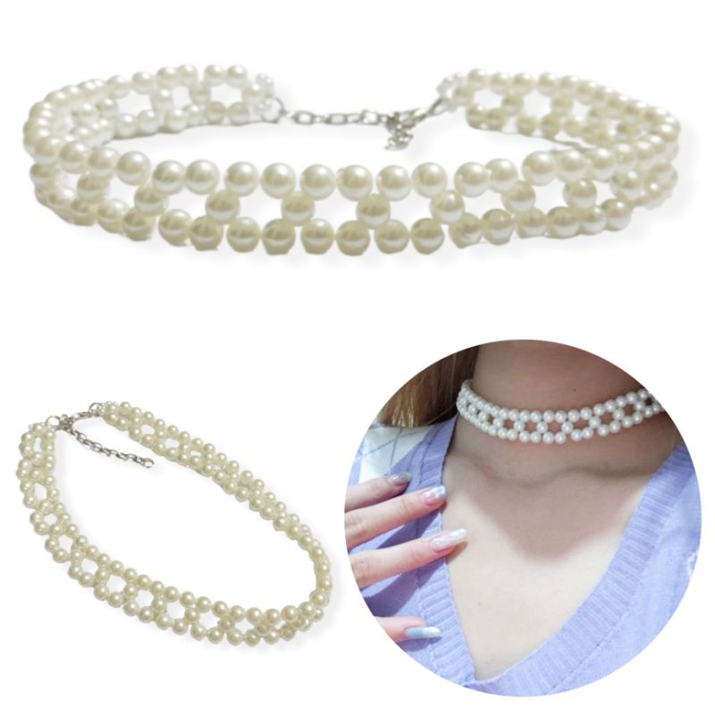 Leticia Korean Pearl Choker Necklace Kalung Mutiara Korea Anyam