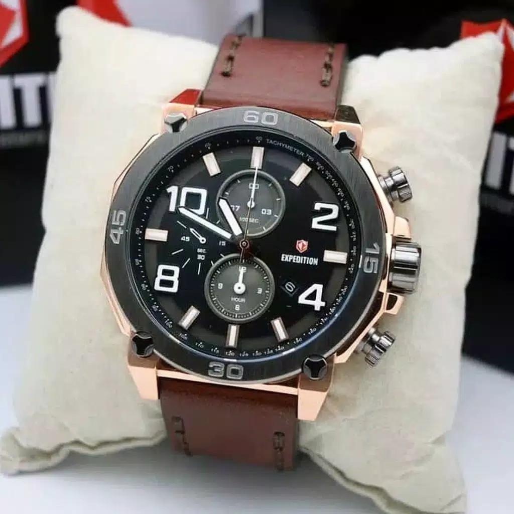 expedition original E6766 hitam rosegold tali kulit coklat