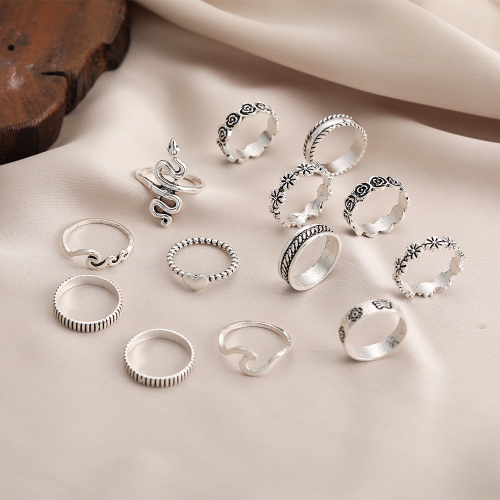 [ACKER] 13 Pcs/set Set Cincin Bergelombang Bunga Ular Perak Vintage Untuk Wanita