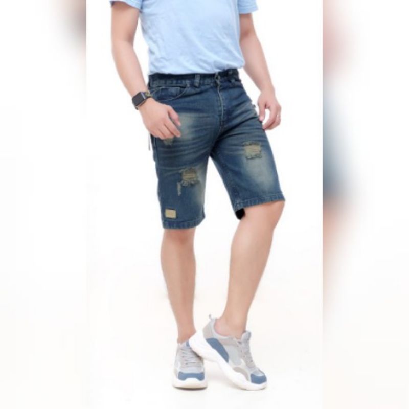 Celana pendek pria jeans sobek cowok distro
