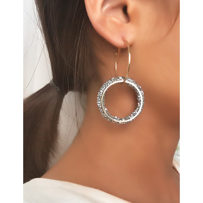 LRC Anting Tusuk Fashion Silver Zircon Circle Earrings F94599