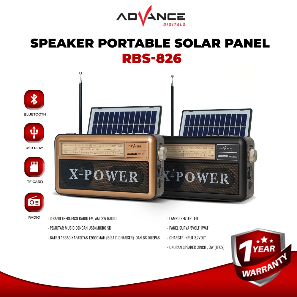 Advance Digitals RBS-826 Speaker Radio Bluetooth Panel Surya Charger Matahari