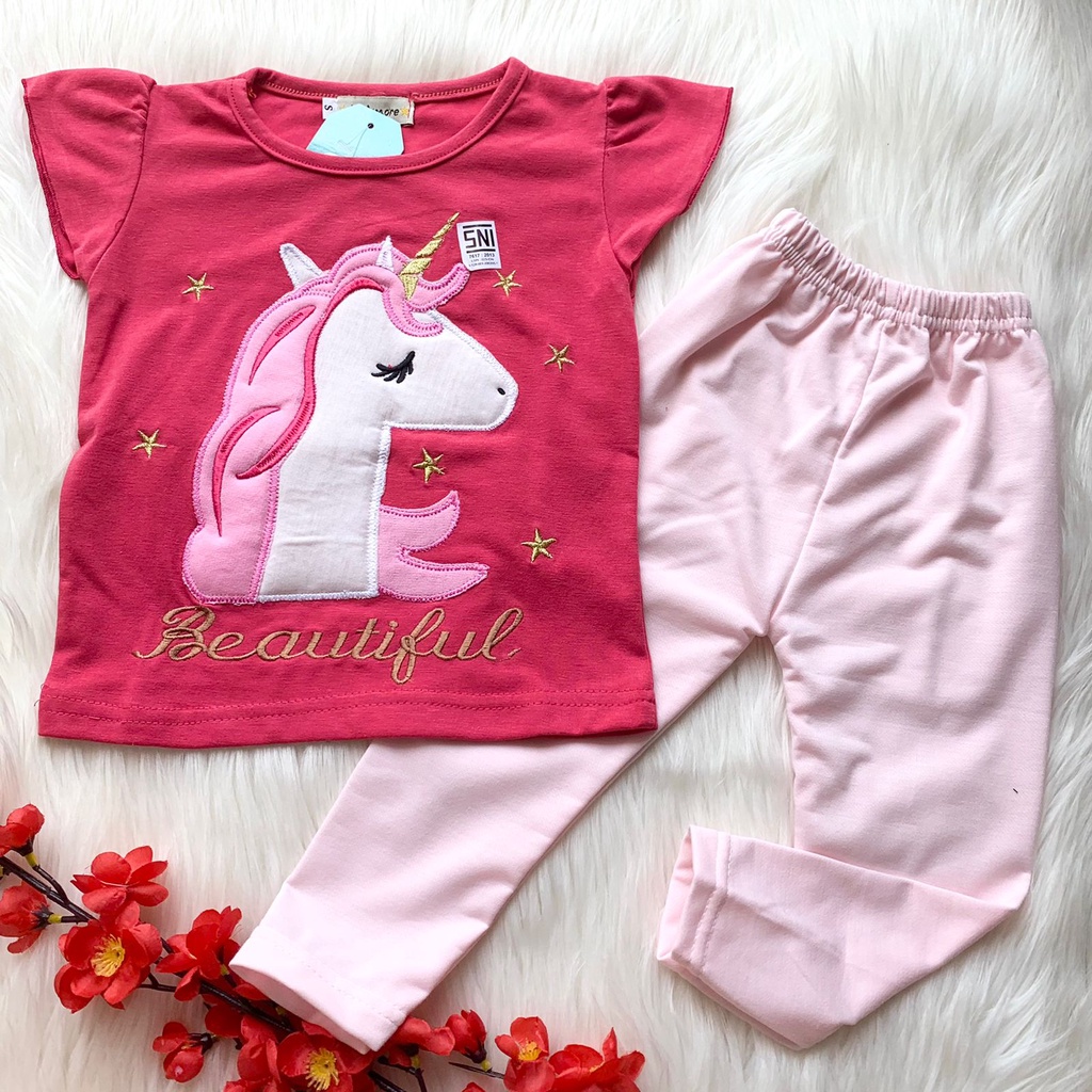 Baju setelan piyama tidur pink gambar lucu bestseller fashion anak bayi cewek perempuan murah -uni