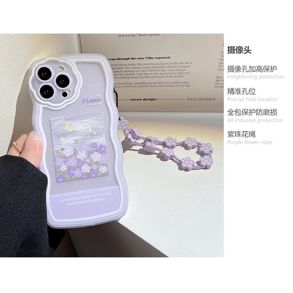 Soft Case Musim Panas Bentuk Gelombang Ungu Dengan Rantai Manik-Manik Bunga Untuk Iphone 7 8 PLUS X XR XS 11 12 13 14 PRO MAX SE 2020