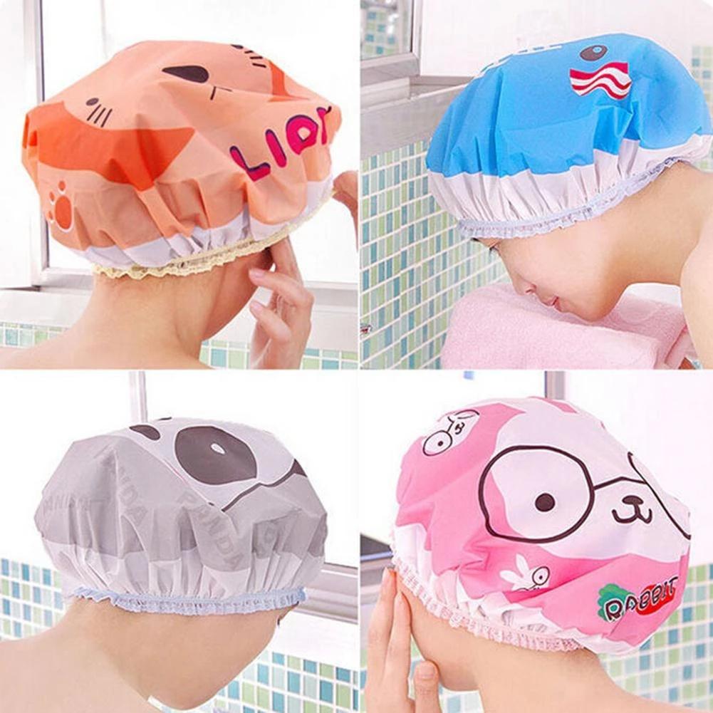 [Cute Cartoon Animal Waterproof Shower Cap][Resuable Lace Elastic Band Bath Hair Caps][Salon Waterproof Hair Hat][ Lovely Practical Shower Hat ]