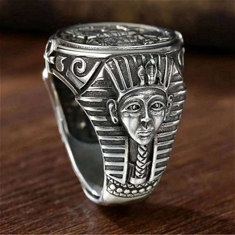 Cincin Motif Pharaoh Kuno Retro Warna Silver Untuk Pria