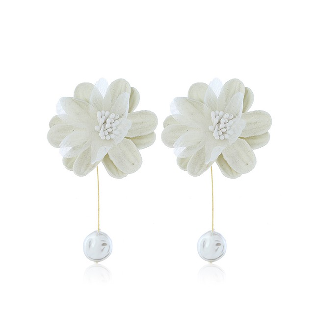 LRC Anting Tusuk Fashion White Flower Pearl Tassel Earrings F49290