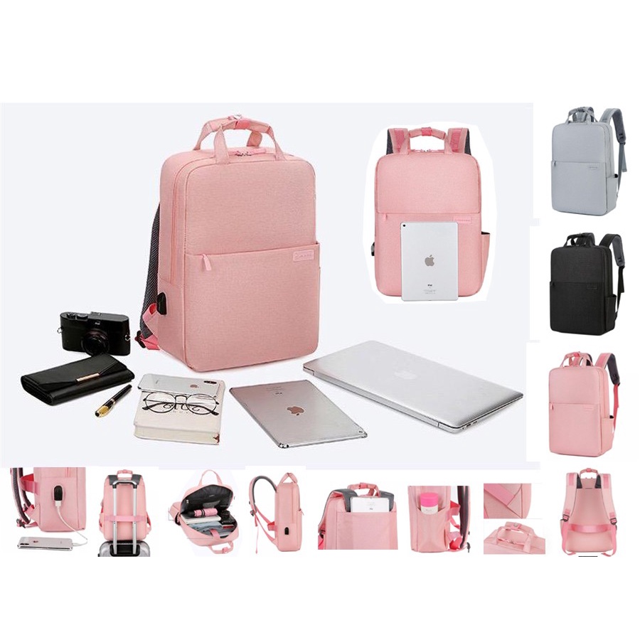 [COD]Sederhana Pria/Wanita Ransel Laptop Ransel Nilon Tahan Air Ransel 13-15.6 Inci dengan Port USB