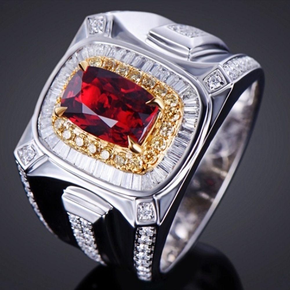 Cincin Kawin Rubi Bertatahkan Emas Putih Mewah Fashion Perhiasan Pria Wanita Berlian Batu Permata Kristal Merah Silver Rings