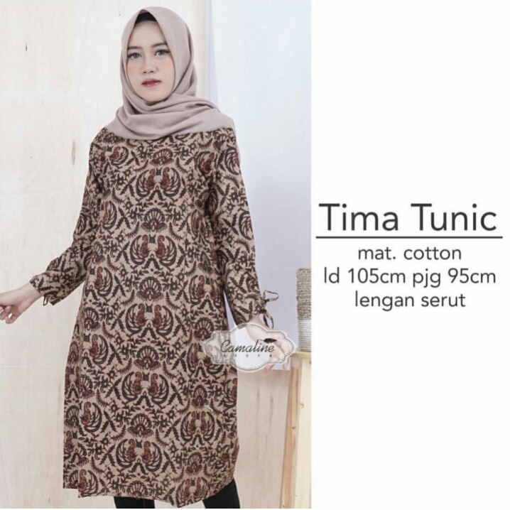 Batik Tima Tunic Wanita Murah Kondangan Katun Premium Exclusive Modern Dress Kekian Motif Klasik Sogan Genes Lengan Panjang Baju Kondangan Seragam Kerja Kantoran