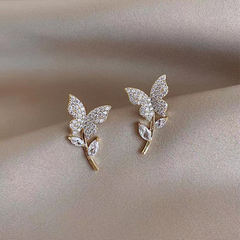 Korea anting-anting elegan 925 perak pin anting-anting trendi butterfly penuh diamond anting-anting