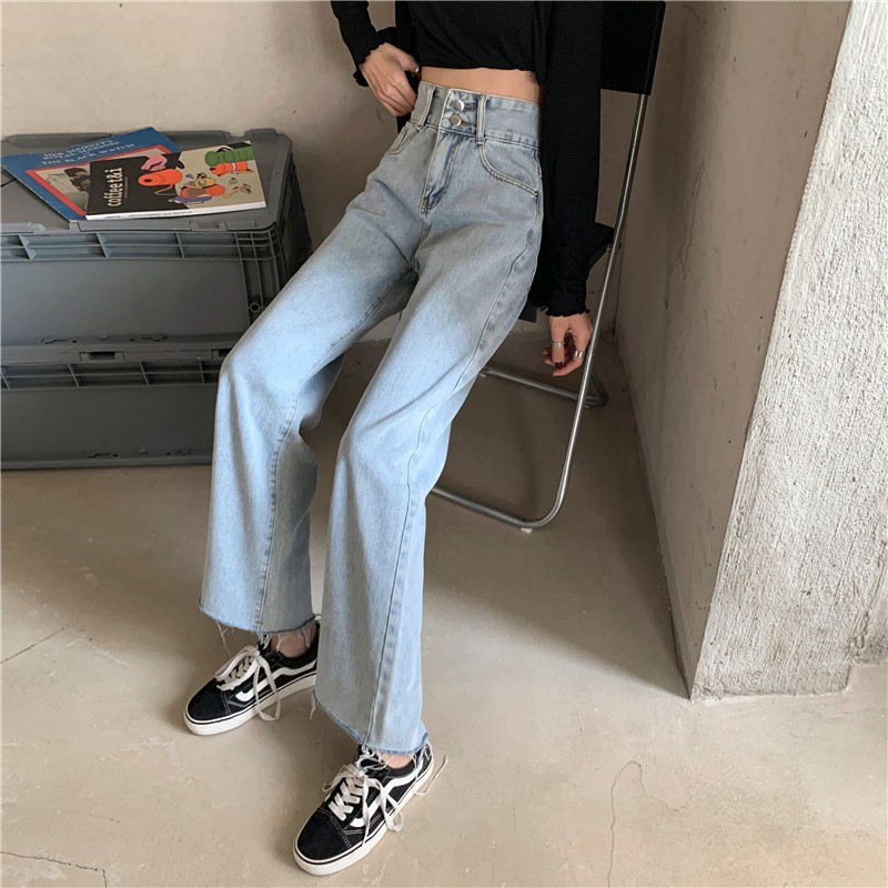 [chaoo.id]Jeans Retro Wanita Gaya Korea Celana Longgar Pinggang Tinggi