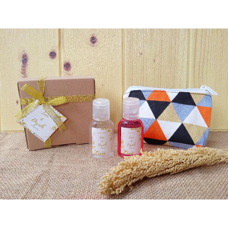 Souvenir hand sanitizer + hand soap / wash 30 ml 30ml dan pouch / dompet kanvas
