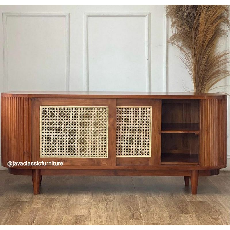 BUFET TV ROTAN RETRO SCANDINAVIA MINIMALIS OVAL UKURAN 150CM PINTU 2 SLEDING KABINET DRAWER KAYU JATI GRADE A NATURAL MURAH DARI JEPARA-1