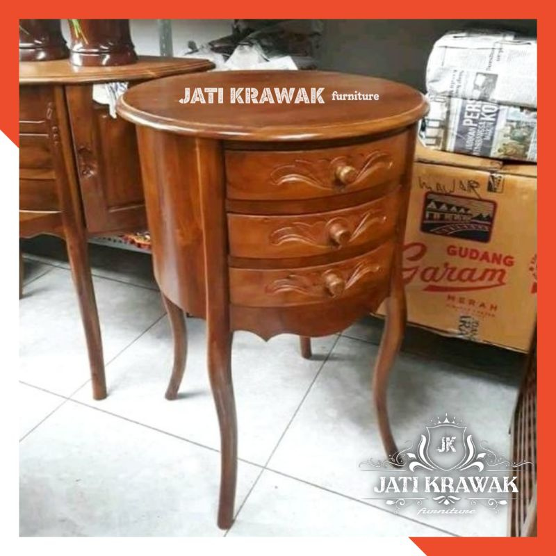 Meja Nakas Konsul Bulat ukuran Besar , polos dan ukiran | Nakas bundar cempolong cumi kayu jati