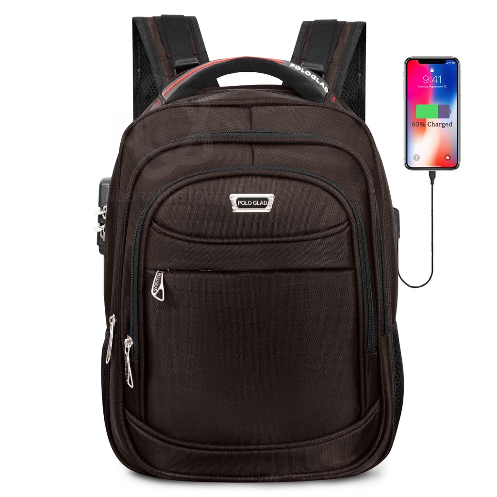 POLO GLAD Tas Ransel Sekolah 16 inc Original Backpack Pria Wanita Key Lock FREE USB Port Tas Laptop Ransel Import-OriOrichocolate B