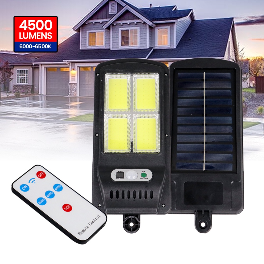 Lampu Solar Panel Sensor Gerak PIR Outdoor Waterproof 128 COB 4 Lights with Remote Control - PL216 - 7RLL4YBK Black