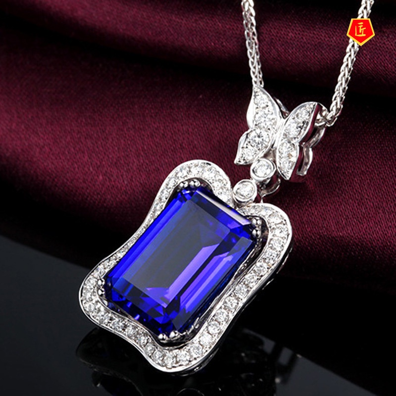 [Ready Stock]Luxury Diamond Micro-Inlaid Butterfly Rectangular Sapphire Pendant for Women