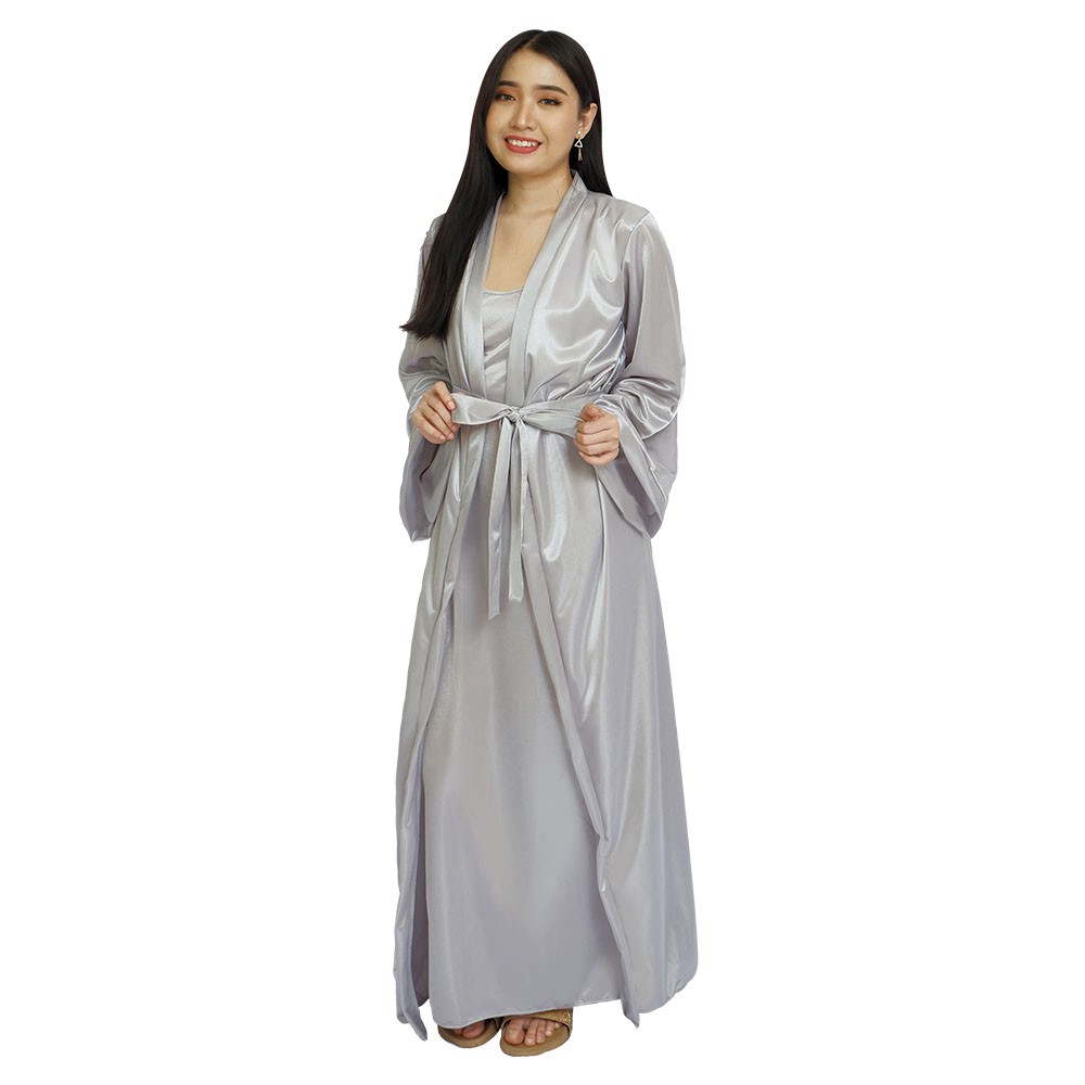 FOLVA kimono set panjang piyama satin 1398SSET silver all size