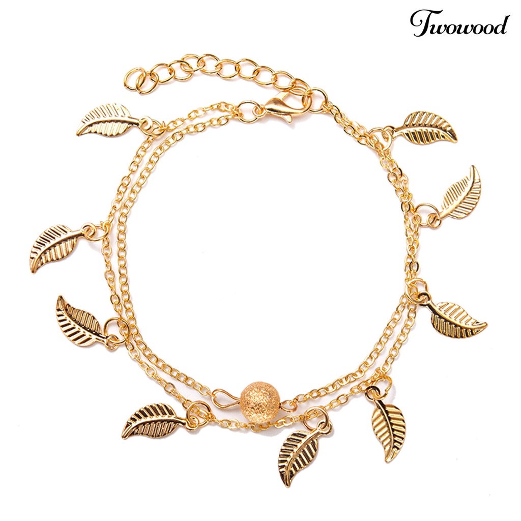 Gelang Kaki Rantai Dua Lapis Dengan Liontin Daun Dapat Disesuaikan Tahan Lama Untuk Wanita