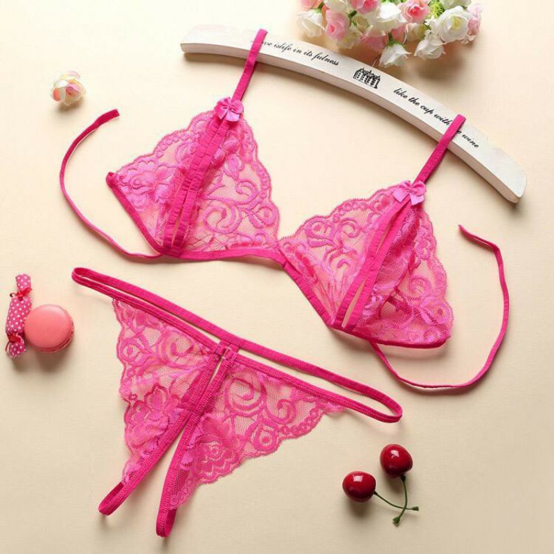 Satu Set Pinky Pakaian Dalam Wanita Fashion Set Bra Lingerie G-String Bahan Lace Bra-Rose Red