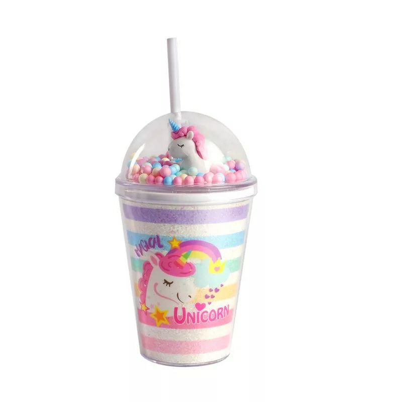 Tumbler Unicorn Gelas GLITTER Sedotan Bubble Rainbow Sparkle Blink Kristal Unik Double Wall Cup Glass Tempat Minum Hologram Design Gelas Lampu Unik Light Glass Bottle Straw Cup-Garis Pelangi