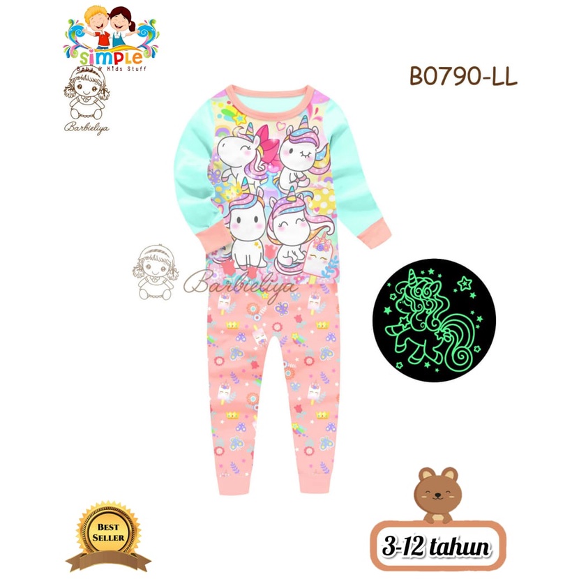 Setelan Baju Tidur Anak/Piyama Anak Perempuan Import Barbieliya Unicorn Biru Usia 3-12 Tahun