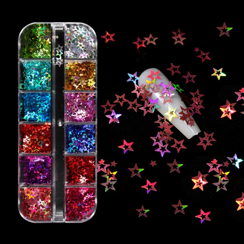 SIY  12 Grids/Box Holographic Glitter Hollow Stars Shape Sequins Epoxy Resin Filling DIY Crafts Jewelry Making Flake Nail Art