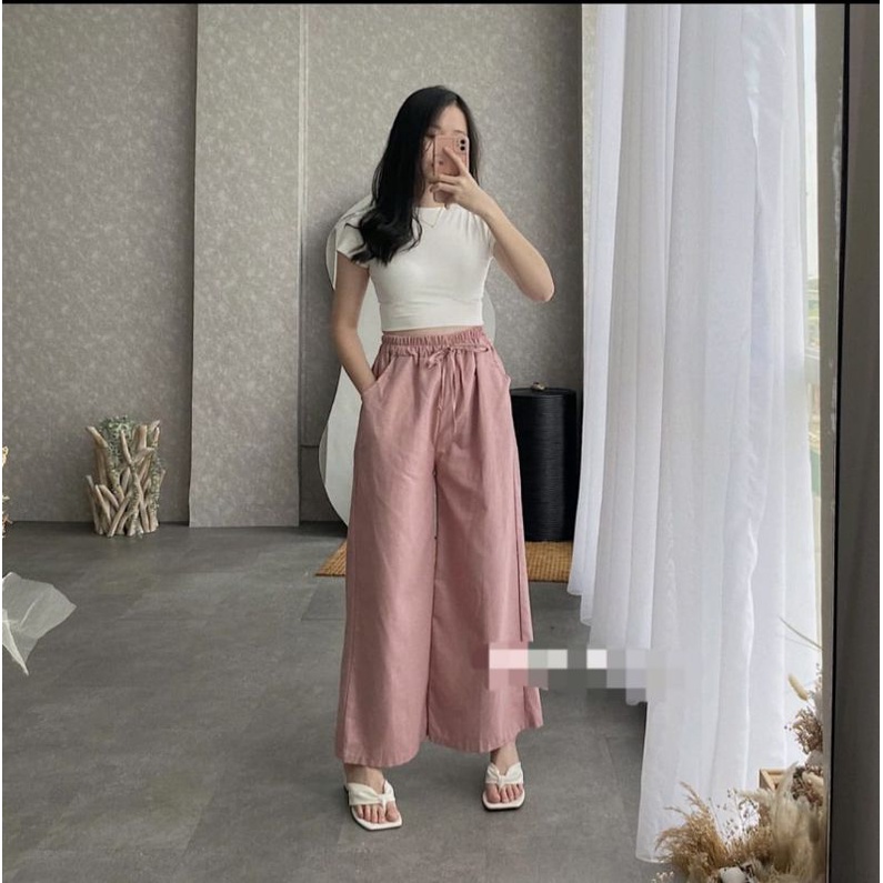 Celana Wanita Kekinian WIDI PANTS Kulot Jumbo Panjang Bahan Linen Rami Premium Import Fashion Bawahan Dewasa Ootd Pinggang Full Karet Serut Highwaist Cewek Remaja Model Ala Korea Gaya Modern Murah Dan Terbaru Hitam-5