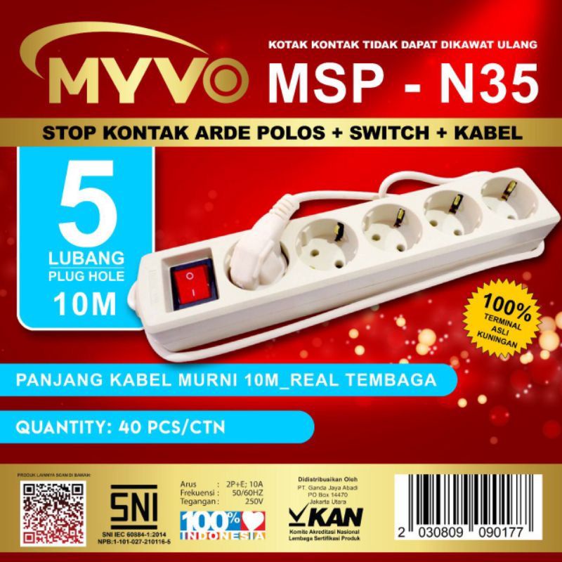 Stop Kontak Kabel 5 Lubang 10 Meter SNI Myvo N35 - 10M