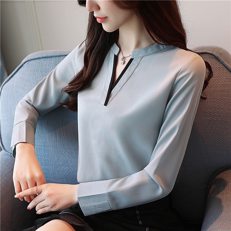 [baju wanita import] Atasan blouse V-Neck Lengan Panjang Model Longgar Casual, Bahan Sifon
