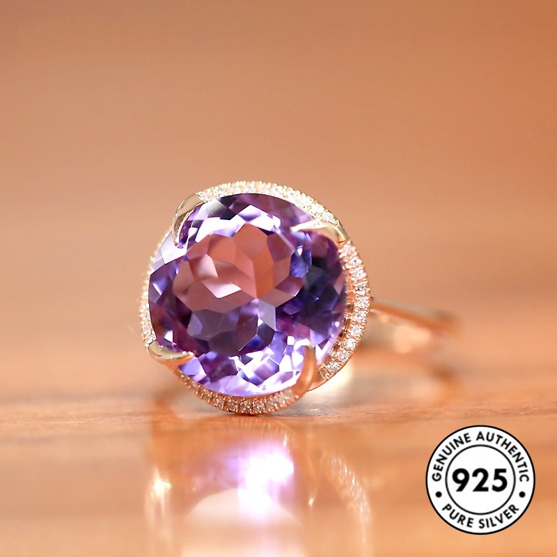 Cincin Sterling Silver 925 Lapis Emas 18k Model Terbuka Dengan Batu Amethyst Biru Laut Untuk Wanita