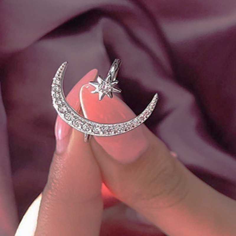 Cincin Wanita Model Terbuka Desain Bulan Bintang Daun Hias Zircon Gaya Minimalis Menarik Untuk Pestahadiah