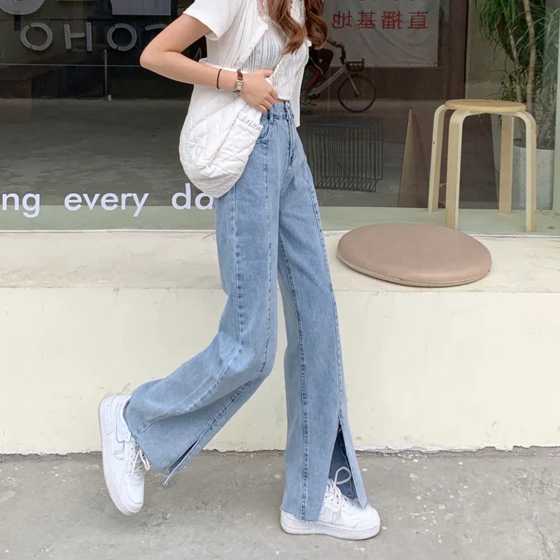 【LULU】korean style new Perpecahan biru muda highwaist Loose Slit celana jeans wanita