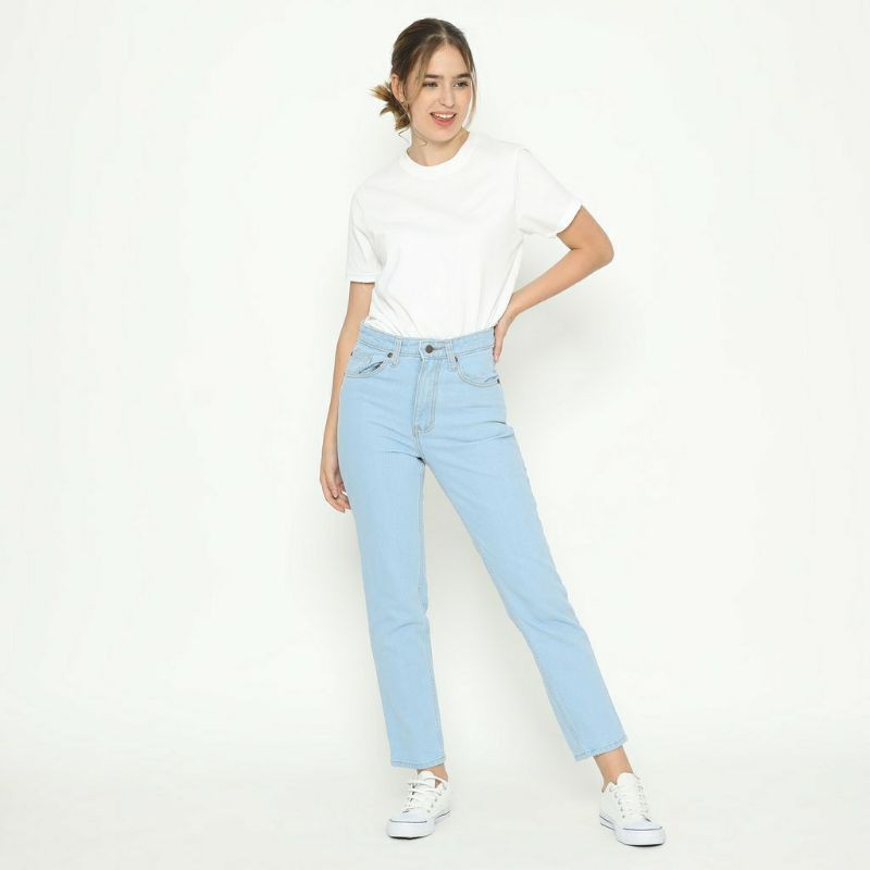 Boyfriend Jeans Wanita Celana Highwaist Panjang Navy Biru Muda