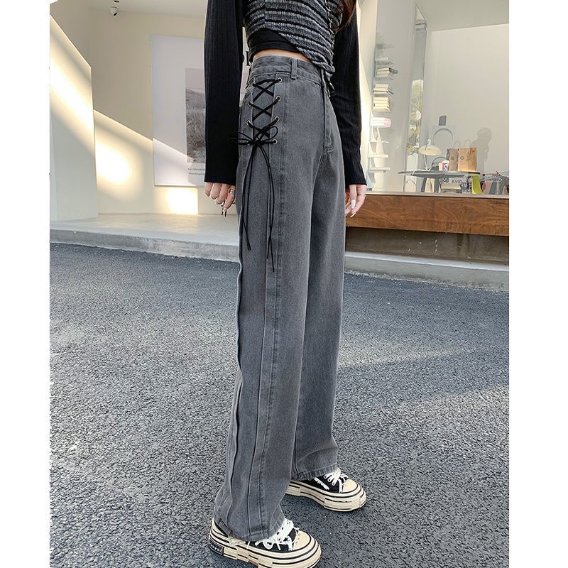 Red wanita high waist strappy jeans women s summer new design niche smoke grey loose straight wide leg mopping pants