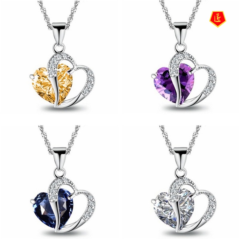 [Ready Stock]Heart-Shaped Crystal Pendant Romantic Purple Necklace Heart Crystal