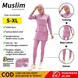 【Romantic Lydia】Baju Renang Muslim Muslim Tiga Potong Poliester Baju Renang Nyaman Baju Renang Tahan Air Baju Renang Muslim Wanita Baju Renang Nyaman Sederhana Konservatif Kolam Renang Outdoor