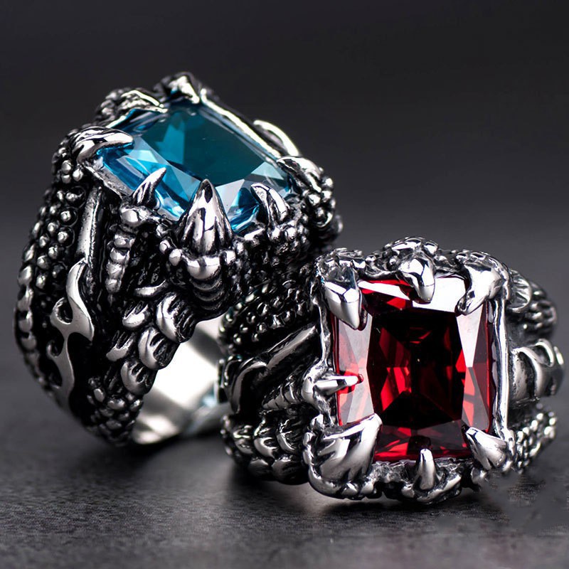 Cincin Logam Batu Permata Cakar Naga Fashion Pria