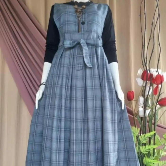 TERBARU       Gamis overall kotak kotak plus manset/Gamis wanita murah/ Overall