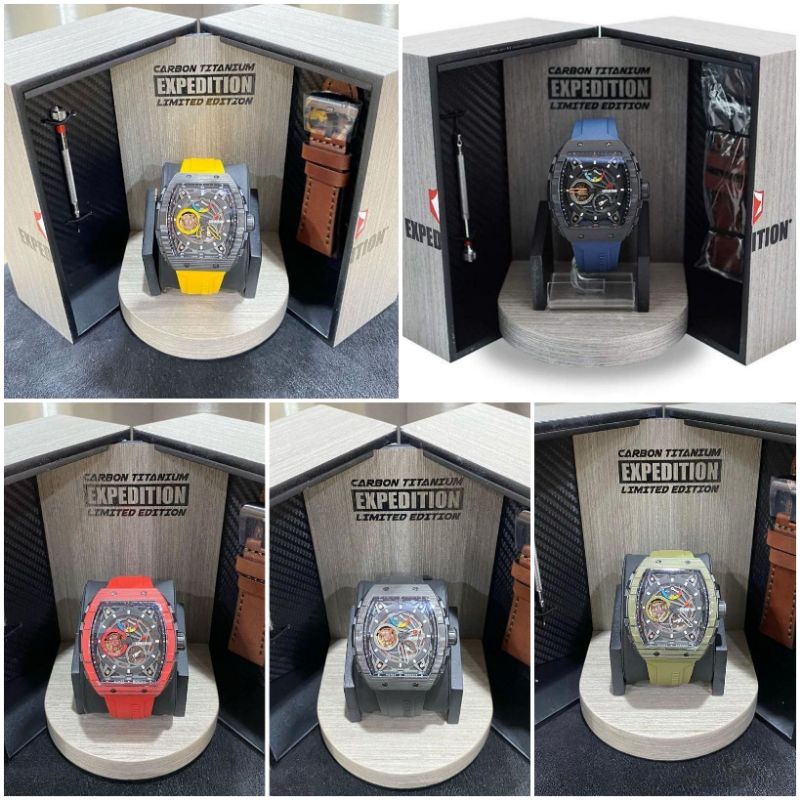 JAM TANGAN PRIA EXPEDITION 6782 SET CARBON NEW E6782 OTOMATIS FREE TALI KULIT GARANSI RESMI ORIGINAL