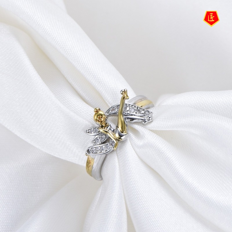 [Ready Stock]Golden Angel Silver Ring Women's Diamond-Embedded Cute