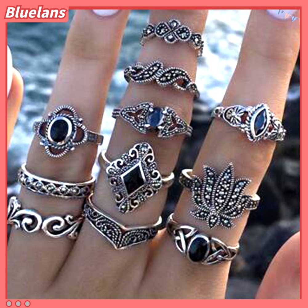 Bluelans 11Pcs / Set Cincin Motif Ukiran Bunga Teratai / Tetesan Air Aksen Hollow + Batu Permata Imitasi Untuk Wanita