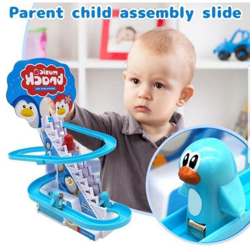 Mainan Anak Tangga Eskalator Pinguin Music Track/Tangga Eskalator Pinguin Sliding Ada Lampu dan Suar