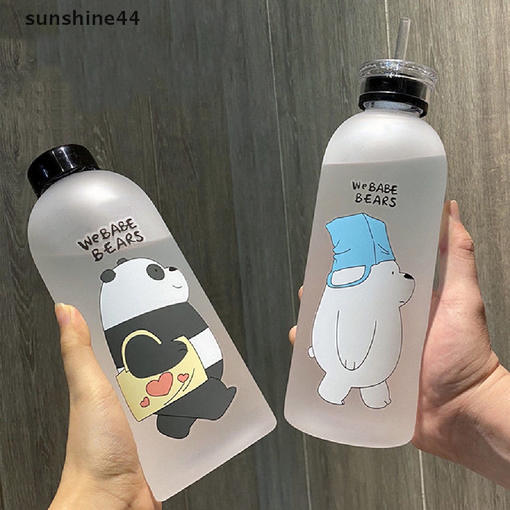 Sunshine Botol Minum 1000ml Transparan Motif Panda / Beruang Kartun Dengan Sedotan Anti Bocor